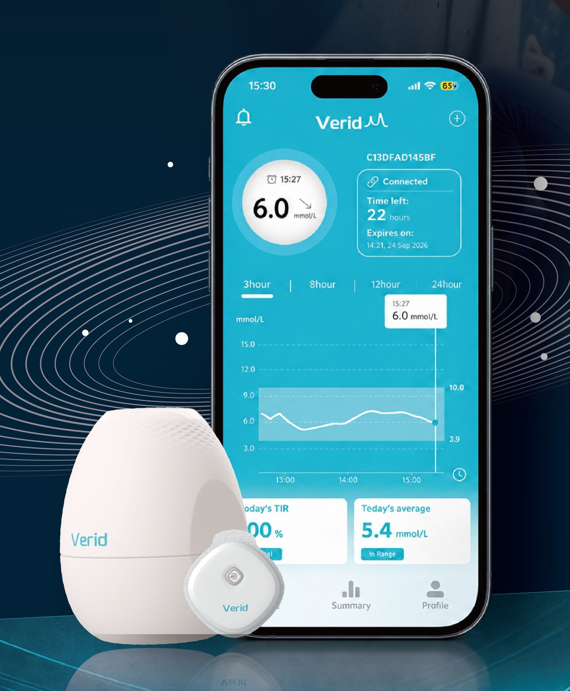 Verid Bio companion app on a smartphone, with CGM sensor and transmitter